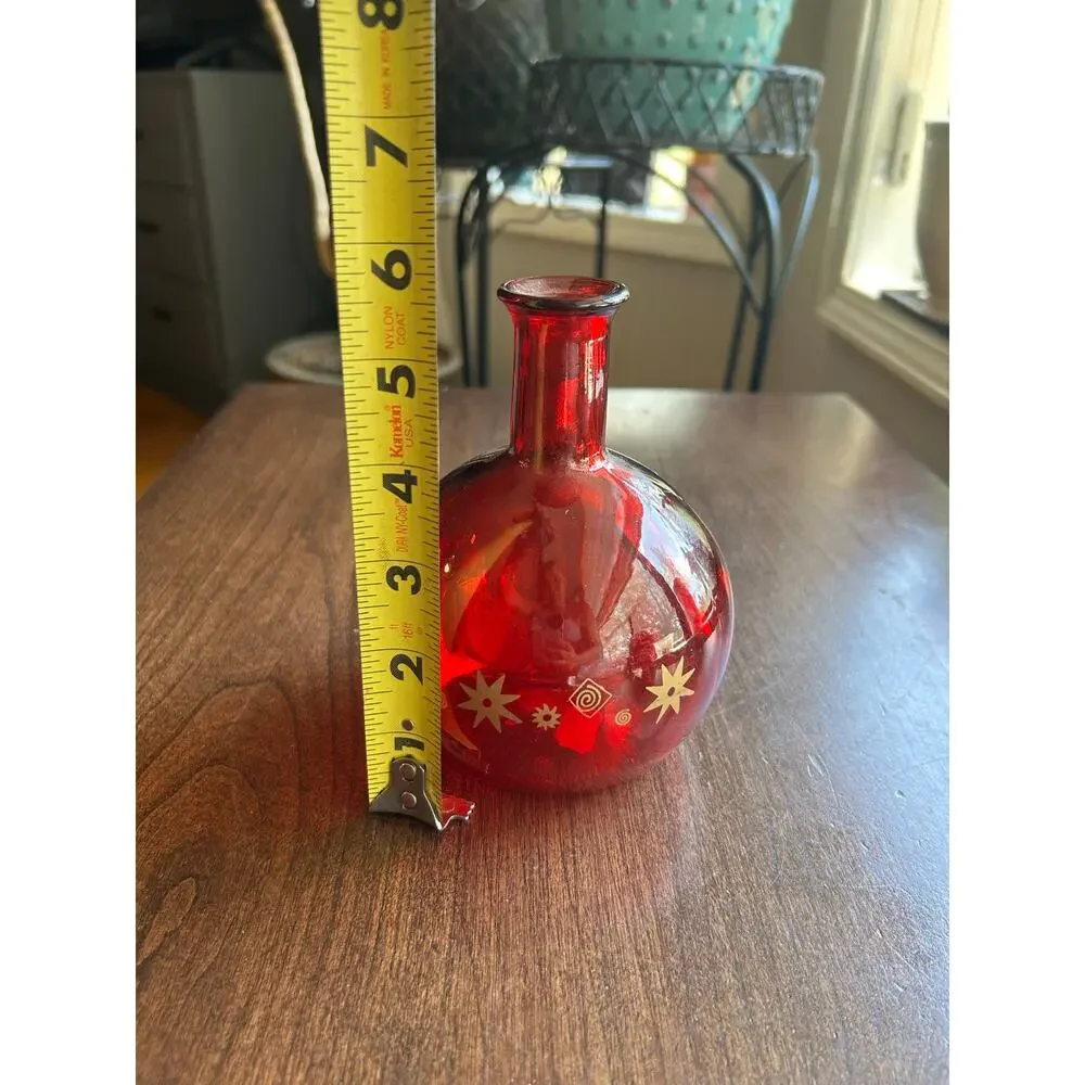 Vintage Spain ruby red glass decanter balloon vase gold gilt detailing